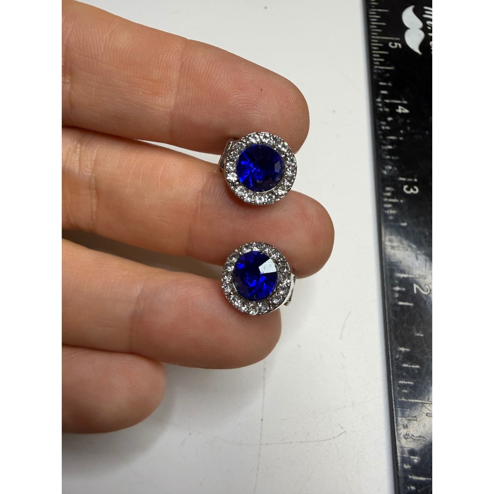 Blue Faux Sapphire Rhinestone Halo Silver Tone Clip On Earrings